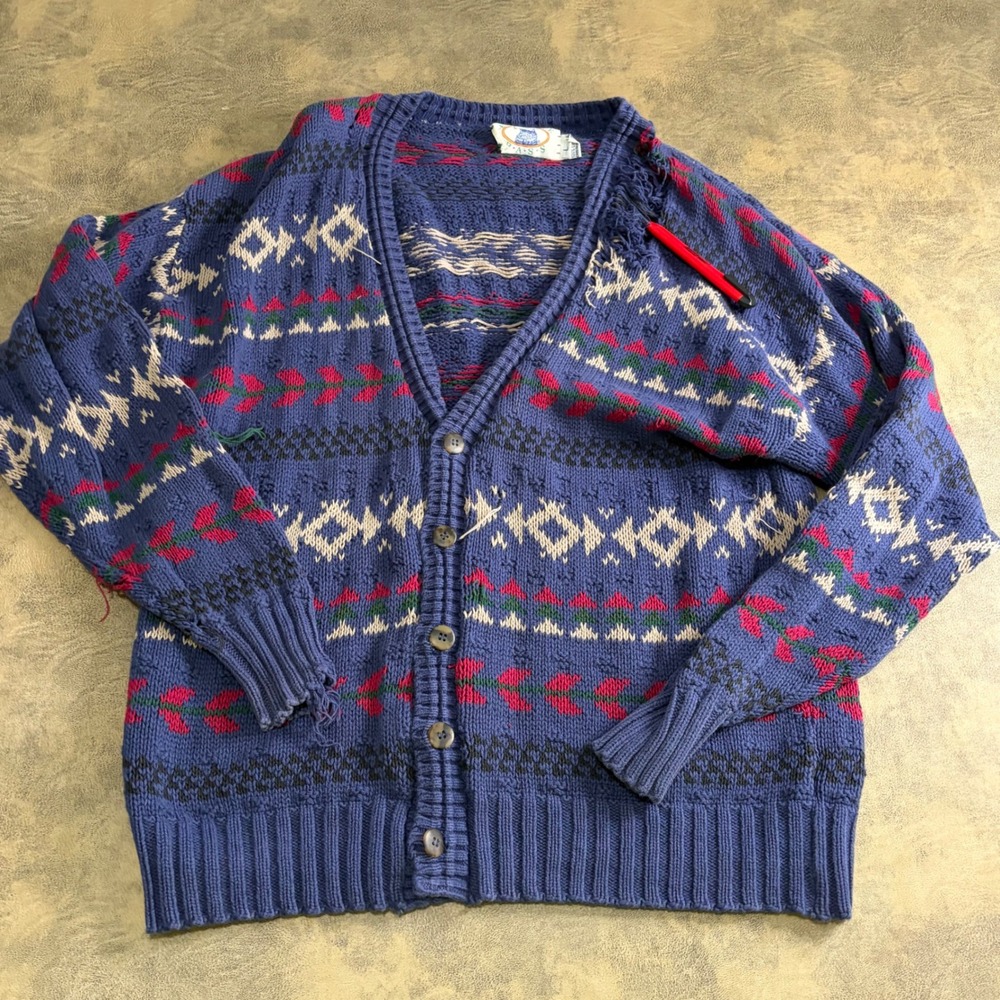 Eagle Pass Cardigan‎ Sweater Mens L Blue Fair Isle Tribal VTG USA MADE *DAMAGED*